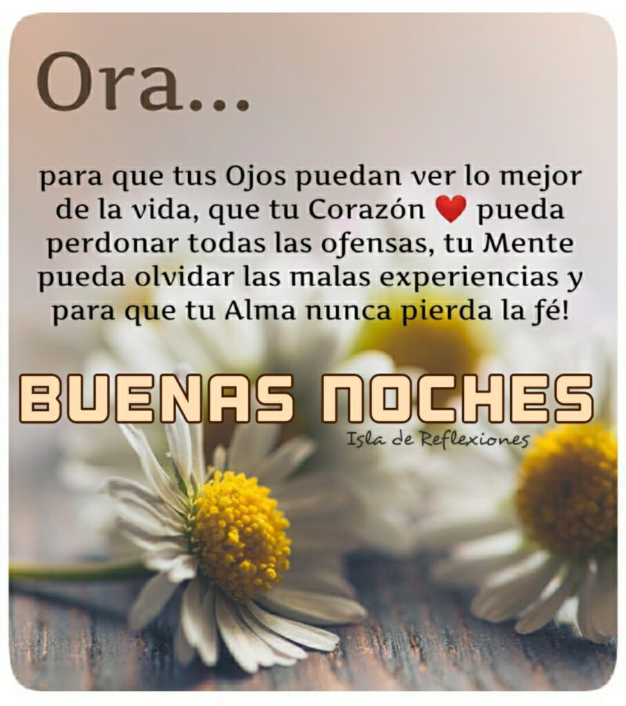 Ora... para que tus ojos puedan ver lo mejor de la vida, que tu corazón pueda perdonar todas las ofensas, tu mente pueda olvidar las malas experiencias y para que tu alma nunca pierda la fé! BUENAS NOCHES 