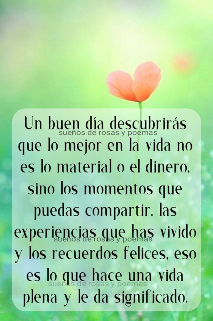 Un buen día descubrirás que lo mejor en la vida no es lo material o el dinero, sino los momentos que puedas compartir, las experiencias que has vivido y los recuerdos felices...