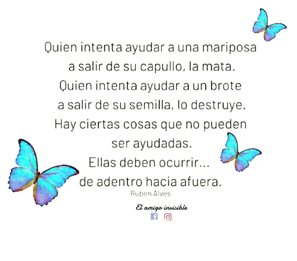 Quien intenta ayudar a una mariposa a salir de su capullo, la mata. Quien intenta ayudar a un brote a salir de su semilla, lo destruye...