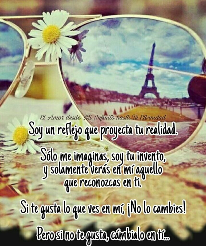 Soy un reflejo que proyecta tu realidad. Sólo me imaginas, soy tu invento, y solamente verás en mí aquello que reconozcas en ti. Si te gusta lo que ves en mí, ¡No lo cambies! Pero si no te gusra, cámbialo en tí... 