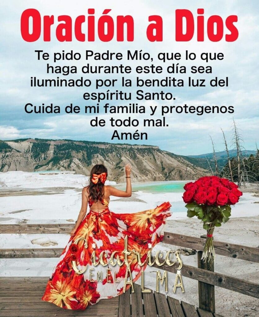 Oración a Dios. Te pido Padre Mío, que lo que haga durante este día sea ilumindo por la bendita luz del Espíritu Santo. Cuida de mi familia y protegenos de todo mal. Amen