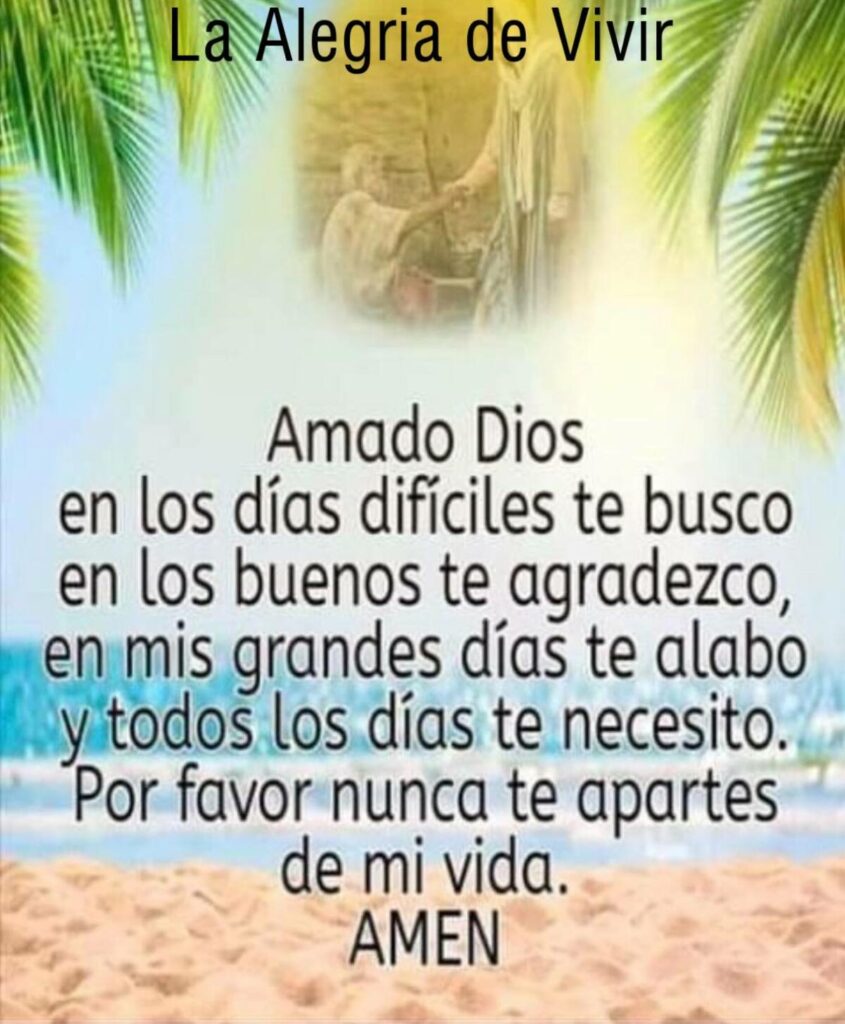 Amado Dios en los días difíciles te busco en los buenos te agradezco, en mis grandes días te alabo y todos los días te necesito. Por favor nunca te apartes de mi vida. AMÉN