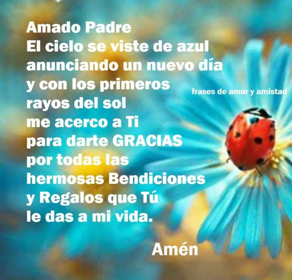 Amado Padre, el cielo se viste de azul anunciando un nuevo día y con los primeros rayos del sol me acerco a Ti, para darte GRACIAS por todas las hermosas bendiciones y regalos que Tú le das a mi vida. Amén