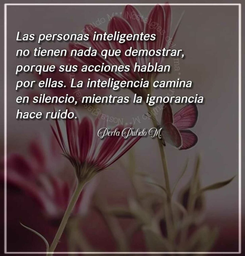 Las personas inteligentes no tienen nada que demonstrar, porque sus acciones hablan por ellas. La inteligencia camina en silencio, mientras la ignorancia hace ruido.