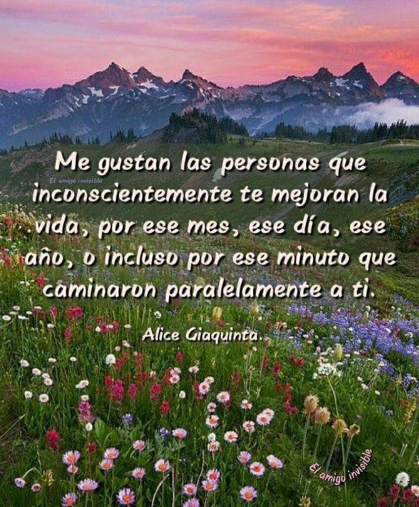 Me gustan las personas que inconscientemente te mejoran la vida, por ese mes, ese día, ese año, o incluso por ese minuto que caminaros paralelamente a ti. (Alice Giaquinta)