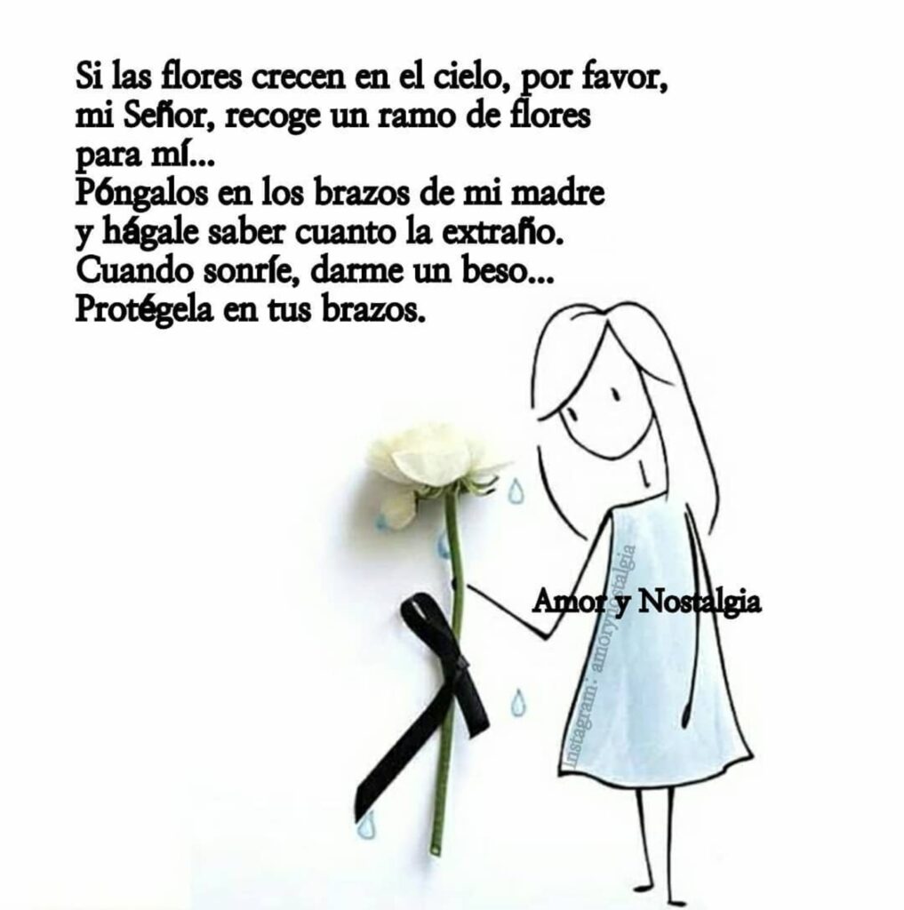 Si las flores crecen en el cielo, por favor, mi Señor, recoge un ramo de flores para mí... Póngalos en los brazos de mi madre y hágale saber cuanto la extraño, cuanto sonríe, darme un beso... Protégela en tus brazos.