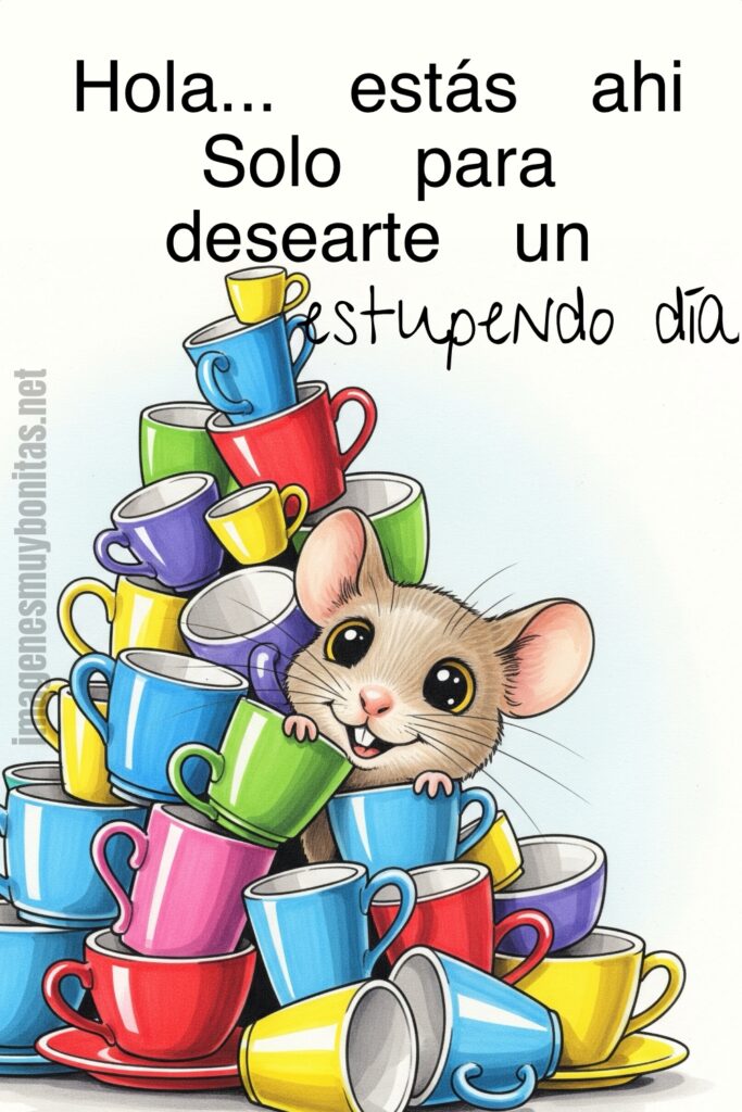 Un lindo ratoncito saliendo de tazas de porcelana de colores, te desea sus especiales buenos días.